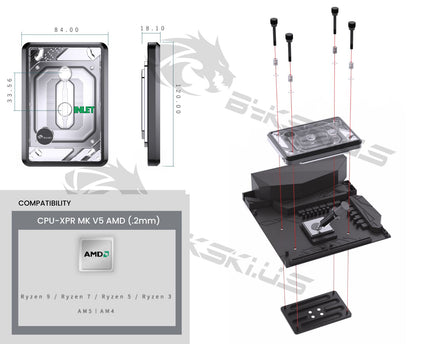 Bykski CPU-XPR-MK-M-V5 High-Efficiency CPU Water Cooling Block - Featuring High Flow Optimized 0.2mm Fins -  Full PMMA Mounting w/ 5v Addressable RGB - for AMD Ryzen 3/5/7/9 (AM4/AM5) - Black