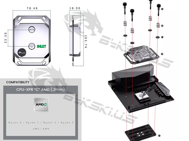 Bykski CPU-XPR-C-M High-Efficiency CPU Water Cooling Block - Featuring High Flow Optimized 0.2mm Fins - Clean Design - for AMD Ryzen 3/5/7/9 (AM4/AM5) - Silver