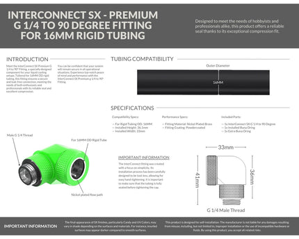 PrimoChill InterConnect SX Premium G1/4 to 90 Degree Adapter Fitting For 16MM Rigid Tubing (FA-G9016) - UV Green