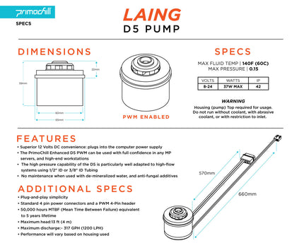 PrimoChill Enhanced D5 Liquid Cooling 12V Pump Motor - PWM Enabled - Single Edition